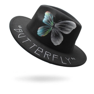 Black wool felt fedora with colorful painted butterfly patterns and art text