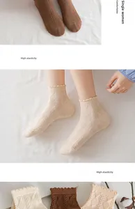 Detail of cable knit texture and scalloped lace cuffs on high elastic cotton socks