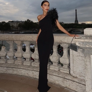 Elegant one-shoulder evening gown with feather detailing against a city background