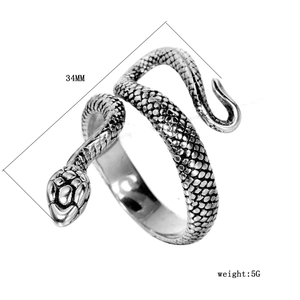 Detailed close-up of snake ring showing 34mm length and fine metallic scale textures