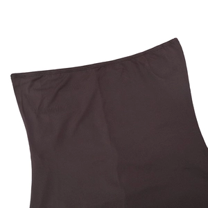 Close-up of ruched detail and refined stitching on dark brown bodycon dress fabric