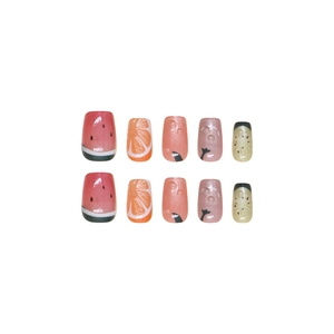 Handmade fruit theme press-on nails with watermelon and orange cat-eye designs