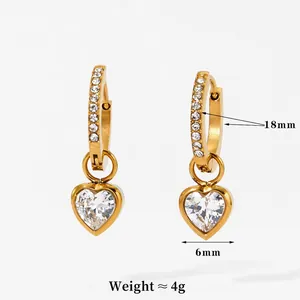 Gold heart drop earrings with cubic zirconia pavé hoops and crystal pendant