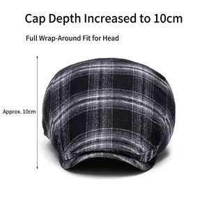 Vintage gray plaid flat cap for men and women featuring a deep 10cm crown for a secure fit