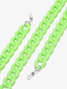 Detail of neon green acrylic eyeglass chain with metal rings and silicone loops
