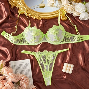 Detailed lime green lace lingerie set with floral embroidery on silk background