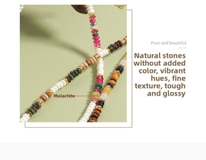Macro detail of bohemian beaded necklace with natural malachite and colorful stones