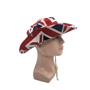 British flag bucket hat with wide brim, side ventilation holes and adjustable chin strap