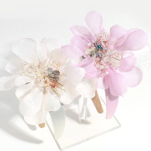 Elegant floral headband with crystal beads and silk flowers in white and pink colors