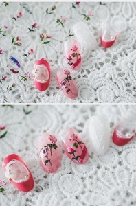 Close-up of pink rose nail art stickers with delicate pearl and lace details