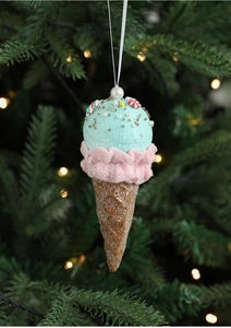 Detail of pink and mint green ice cream Christmas ornament with glitter and beads