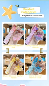 Detail of creative cherry blossom starfish liquid keychains with colorful charms and straps