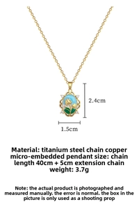 Detailed size view of tulip pendant necklace with blue enamel and sparkling zircons