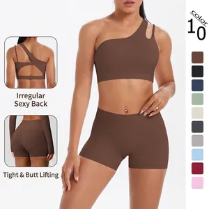 Damen Ein Schulter Ausschnitt Sport BH Hohe Taille Shorts Yoga Outfit Top Und Bottom Für Fitness Laufen Workout Gym Wear