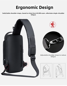 Detail of ergonomic chest bag featuring breathable mesh strap and side USB charging port