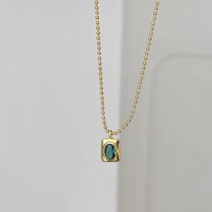 Pendant Necklace Stainless Steel Emerald Green Cubic Zirconia Square Plate Ball Chain Retro Clavicle For Women