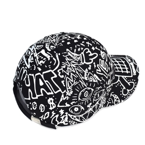 Close-up of graffiti print baseball cap featuring metal buckle and street style design