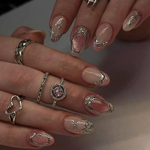 Almond Cat Eye Press On Nails Red Jelly Glitter Rhinestones Silver Star Luxury French Style False Nails For Women