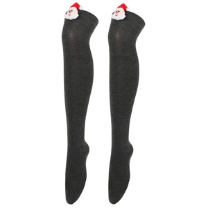 Detail of dark grey over-the-knee socks with a 3D Santa Claus motif and knitted texture