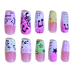 Y2K style long square press-on nails with pink musical notes and yellow stars patterns