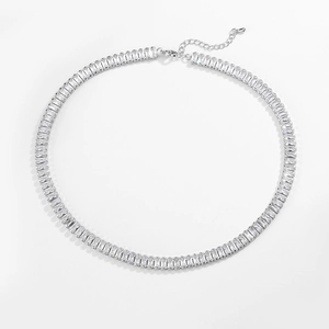 Silver tennis choker necklace featuring emerald cut cubic zirconia on a white background