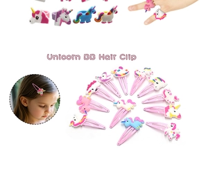 Unicorn BB hair clip set for kids featuring colorful PVC motifs and pink metal bases