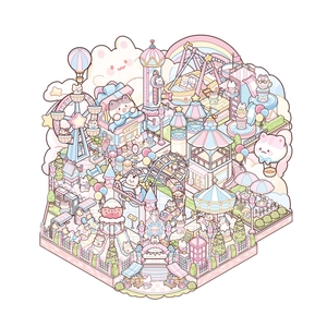 3D cat-themed amusement park sticker scene with colorful carousel and ferris wheel for kids
