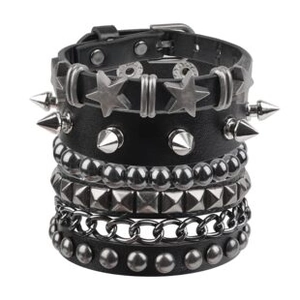 Detail of black leather punk bracelet with silver stars, cone studs, and chain accents