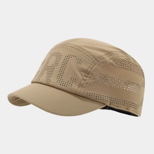Detail of khaki breathable baseball cap featuring laser-cut RLC letters and ventilation holes