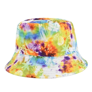 Close-up of multi-color tie-dye bucket hat with white abstract graphics and reinforced stitching