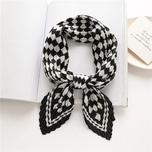 Fashion Pleated Square Scarf Faux Satin Geometric Checkerboard Pattern Neck Head Hair Band Accessory For Women