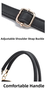 Detail of adjustable shoulder strap buckle and comfortable handle on black handbag