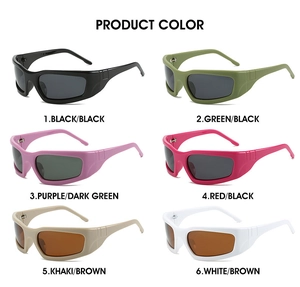 Color chart of six Y2K cyberpunk sports sunglasses in black, green, purple, and white frames