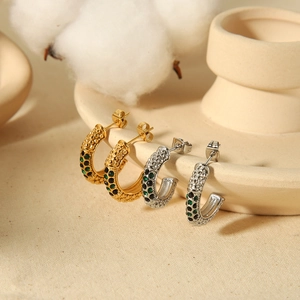 Boucles D'Oreilles Créoles En Forme De C En Acier Inoxydable Avec Incrustation De Zircon Texture Perlée Pour Femmes