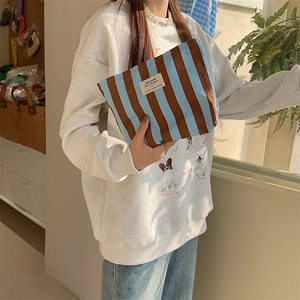 Detail of blue and brown striped canvas makeup bag held by hand in soft natural light