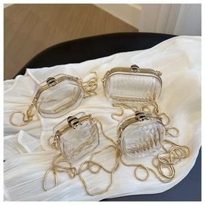 Detailed view of acrylic jelly box bags with gold bee buckles on white silk fabric