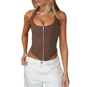 Bruine halter korset top met volledige metalen rits en V-vormige zoom voor dames