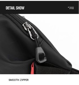 Macro view of smooth metal zipper and durable fabric detail on mini crossbody bag