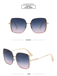Detail of square gold metal sunglasses with crystal rim and blue pink gradient lenses