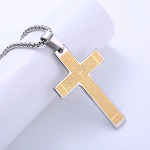 Men's retro stainless steel two-tone cross necklace with engraved Spanish Lord's Prayer