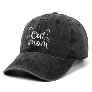 Unisex washed cotton baseball cap with Cat Mom embroidery in dark grey and black