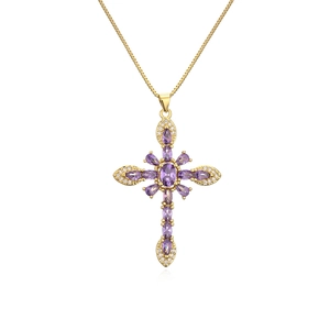 Exquisite 18K gold plated cross necklace featuring vibrant purple zircon gemstones