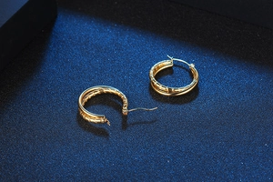 Detail of gold titanium steel double hoop earrings featuring textured and polished finishes