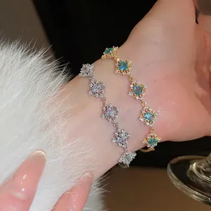 Geometric Square Blue White Zircon Copper Bracelet For Women Luxury Palace Style Adjustable Fashion Jewelry