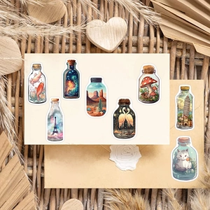 Close-up of eight diverse cartoon bottle stickers on an envelope with a rustic wooden background