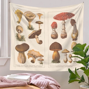 Detailed botanical mushroom illustrations on a beige vintage science style wall tapestry