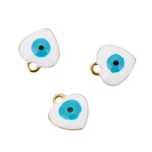 Three gold-plated heart charms with white enamel and blue evil eye detail on white background