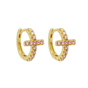 S925 sterling silver gold plated cross huggie earrings with pink cubic zirconia stones