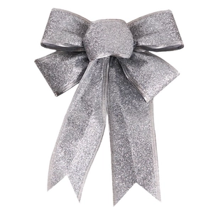 Sparkling silver glitter Christmas bow ornament with three tails for festive decoration