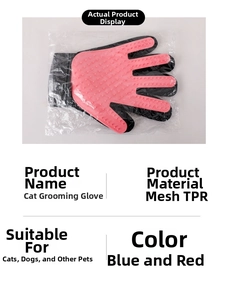Detailed view of pink TPR grooming glove with mesh fabric for pet hair removal